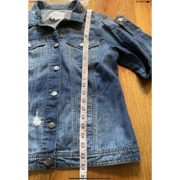 BCBGenervation Jean Jacket Womens M Distressed Blue Denim Pockets Trucker Biker - Picture 9 of 10